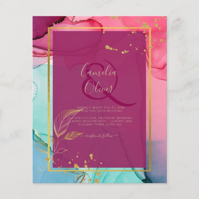 Intense PINK Turquoise GOLD WEDDING Alcohol Ink Flyer (Front)