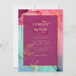 Intense PINK Turquoise GOLD WEDDING Alcohol Ink Invitation