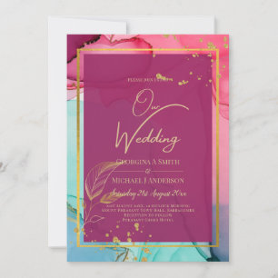 Intense PINK Turquoise GOLD WEDDING Alcohol Ink Invitation