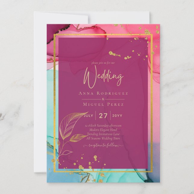 Intense PINK Turquoise GOLD WEDDING Alcohol Ink Invitation (Front)