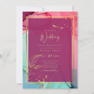 Intense PINK Turquoise GOLD WEDDING Alcohol Ink Invitation