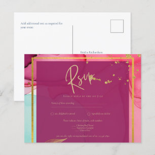 Intense PINK Turquoise GOLD WEDDING Alcohol Ink Postcard