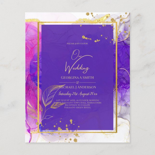 Intense Purple Pink Gold Wedding Alcohol Ink Flyer (Front)