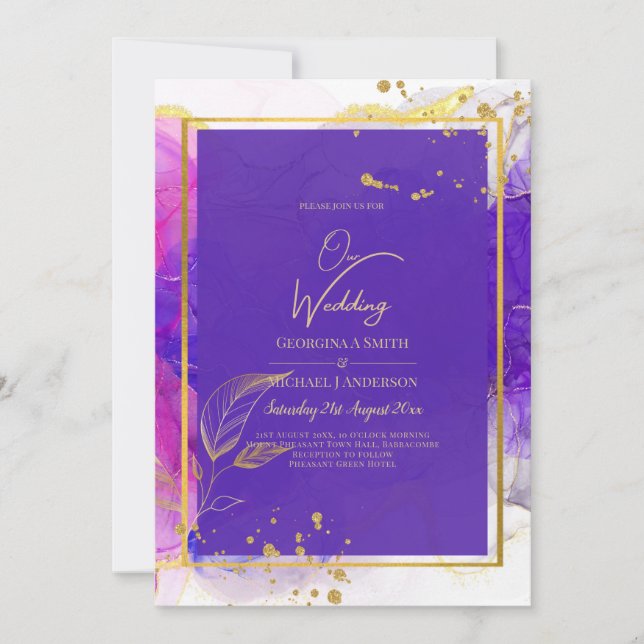 Intense Purple Pink Gold Wedding Alcohol Ink Invitation (Front)