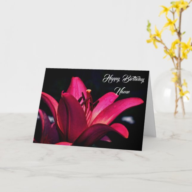 Intense Red Lily Flower Personalized Birthday  Card (Yellow Flower)