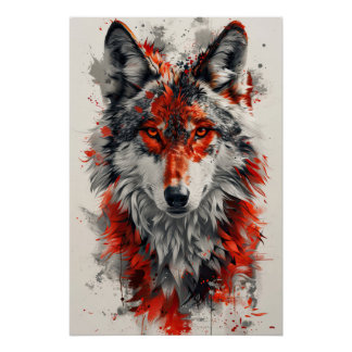 Intense red wolf with striking abstract elements. poster