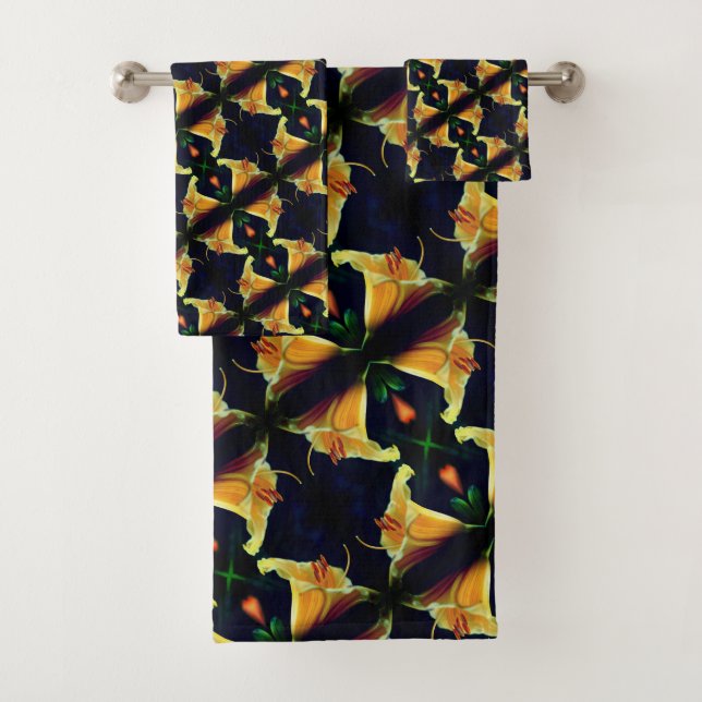 Intense Yellow Lily Flower Abstract Art Pattern   Bath Towel Set (Insitu)