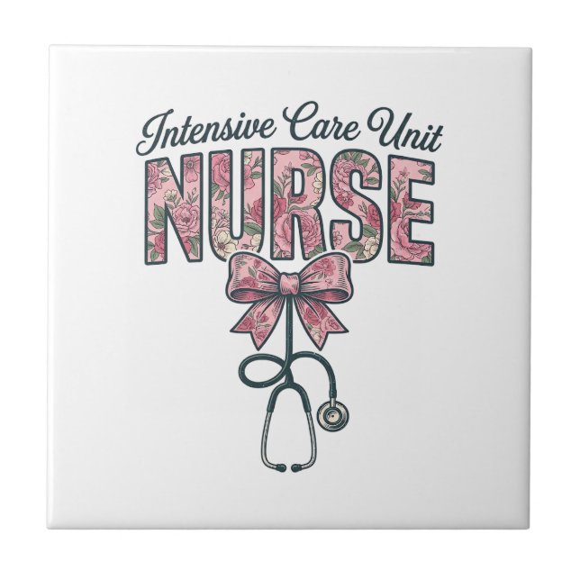Intensive Care Unit Nurse Floral Bow Shirt Design_ Ceramic Tile (Front)