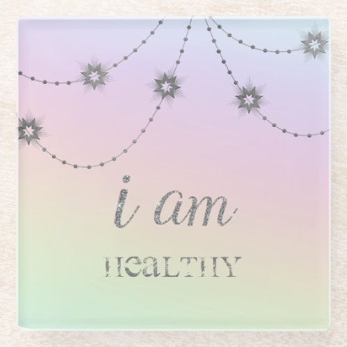 *~  INTENTION HEALTH Rainbow Glitter Stars Glass Coaster