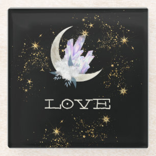 *~* INTENTION LOVE Gold Celestial Crystal Moon Glass Coaster