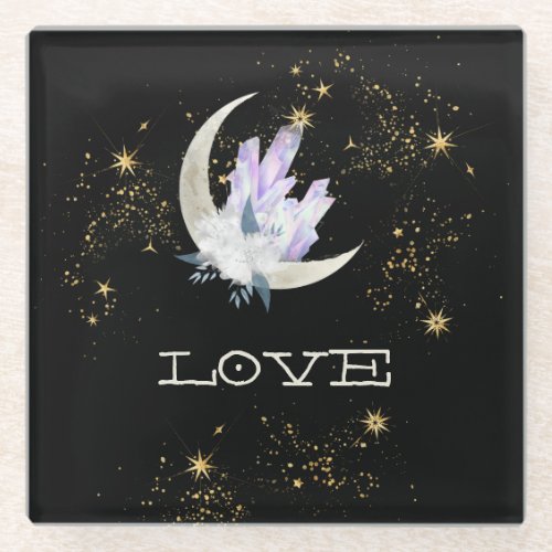   INTENTION LOVE Gold Celestial Crystal Moon Glass Coaster