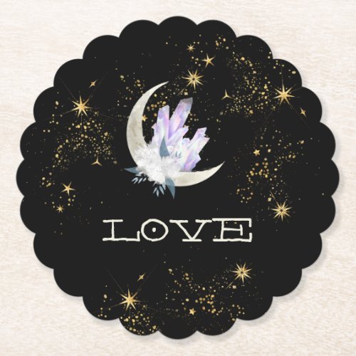 ~*  INTENTION LOVE Gold Celestial Crystal Moon Paper Coaster