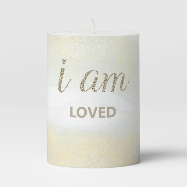 *~*  INTENTION Pastel Gold Glitter LOVED  Pillar Candle (Front)
