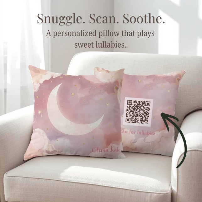 Interactive Moon & Stars Nursery Pillow with Music (A personalized nursery pillow with a watercolor moon and stars design, featuring a QR code on back)