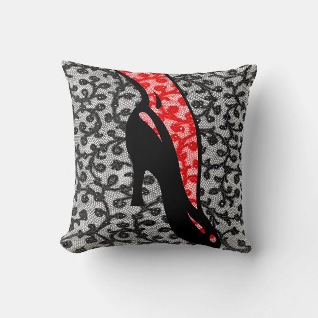 Interesting leg on black high heel shoe red lace throw pillow (Front)