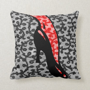 Interesting leg on black high heel shoe red lace throw pillow