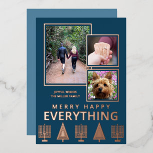 Interfaith 3 Photo Simple Trendy Navy Rose Gold Foil Holiday Card