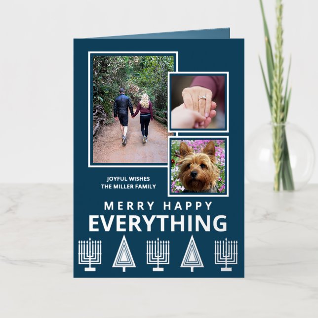 Interfaith 3 Photo Trendy Simple Navy Silver Foil Holiday Card (Front)