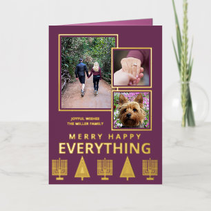 Interfaith 3 Photo Trendy Simple Purple Gold Foil Holiday Card
