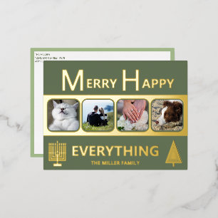 Interfaith 4 Photo Simple Modern Green Gold Foil Holiday Postcard