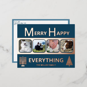 Interfaith 4 Photo Simple Modern Navy Rose Gold Foil Holiday Postcard