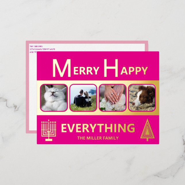 Interfaith 4 Photo Simple Modern Pink Gold Foil Holiday Postcard (Front/Back)