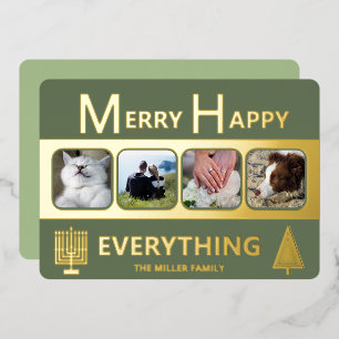 Interfaith 4 Photo Simple Trendy Green Gold Foil Holiday Card