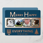 Interfaith 4 Photo Simple Trendy Navy Rose Gold Foil Holiday Card<br><div class="desc">These simple 4 photo greeting cards in navy with real rose gold foil printing are a cute choice for your interfaith family. A Hanukkah menorah on the left and a stylized Christmas tree on the right paired with simple modern fonts keep the MERRY HAPPY EVERYTHING design uncluttered and showcases your...</div>