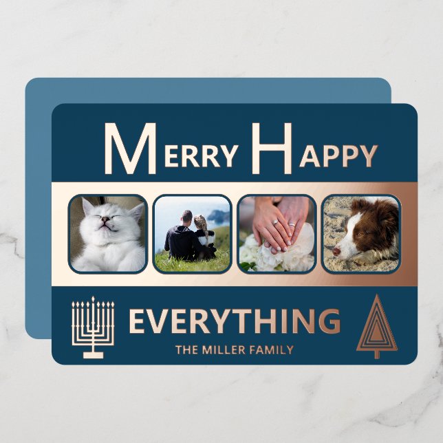 Interfaith 4 Photo Simple Trendy Navy Rose Gold Foil Holiday Card (Front/Back)