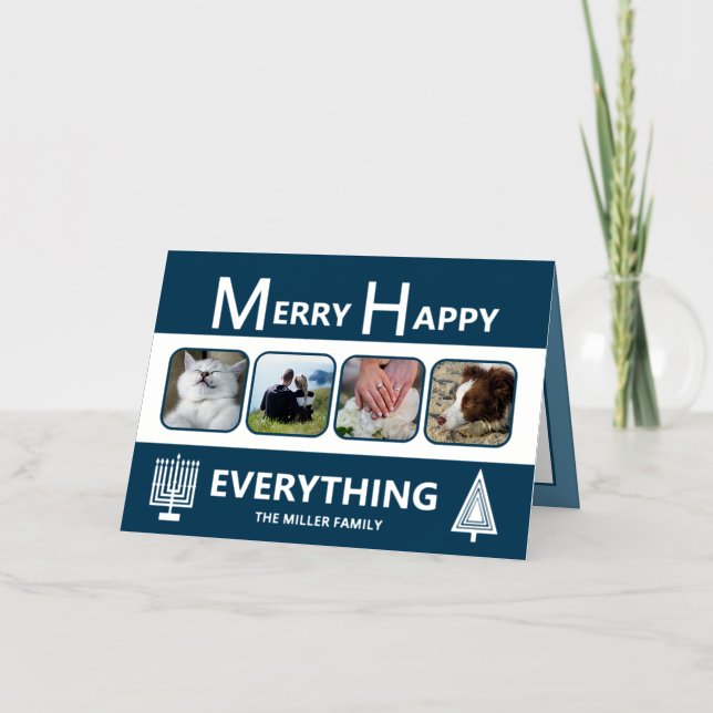 Interfaith 4 Photo Trendy Simple Navy Silver Foil Holiday Card (Front)
