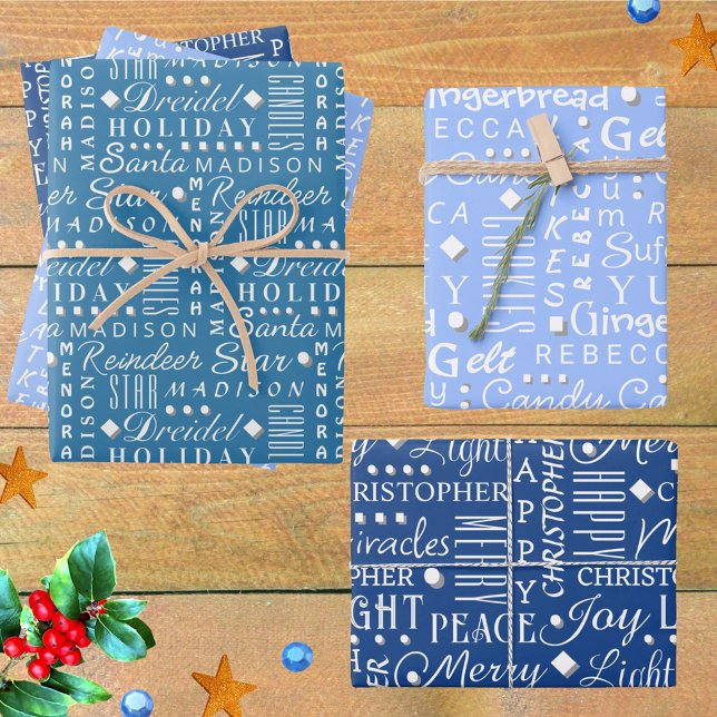 Interfaith Holiday WordArt White On Blue Kids Name Wrapping Paper Sheets (Add your child's name to this fun interfaith gift wrap celebrating Christmas and Hanukkah together)