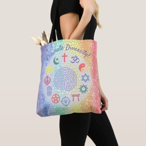 Interfaith Symbols Stained Glass Rainbow Tote Bag