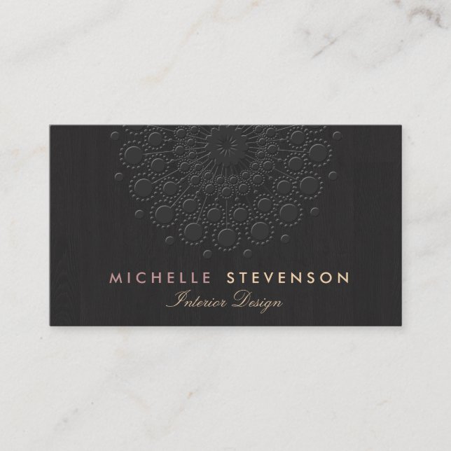 Interior Design Elegant Embossed Motif Look Black Business Card (Front)