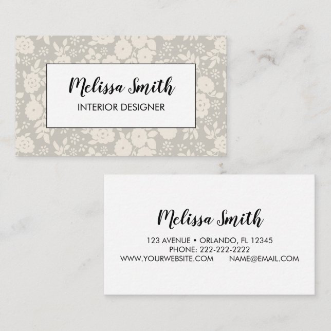 Interior Design Floral Pattern Gray Business Card (Front/Back)