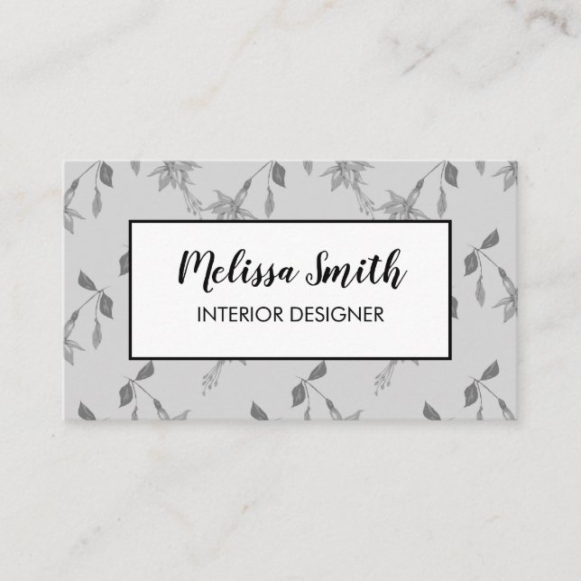 Interior Design Floral Pattern Gray Business Card (Front)