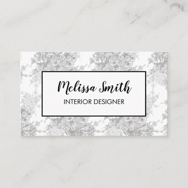 Interior Design Floral Pattern Gray Business Card (Front)