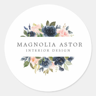 Interior Design Floral Watercolor Pink Navy Girly Classic Round Sticker