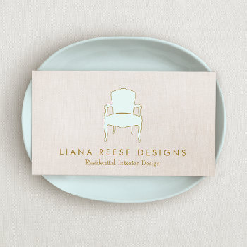 Interior Design  French Chair Logo Faux Linen Business Card by sm_business_cards at Zazzle
