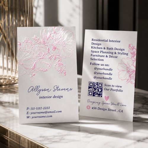 Interior Design Spot UV Gloss Floral Pink Blue QR Raised Spot UV Business Card