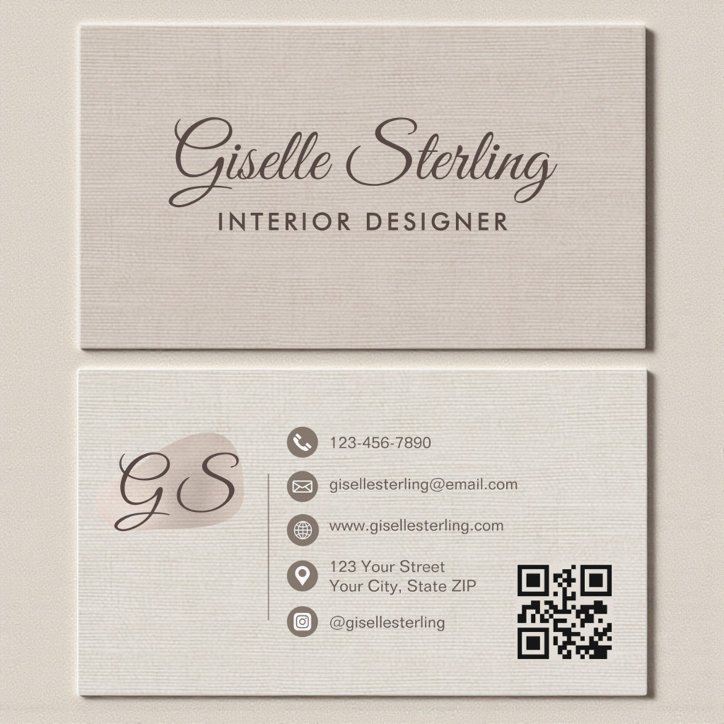 Interior Designer Beige Linen Elegant QR Code Business Card