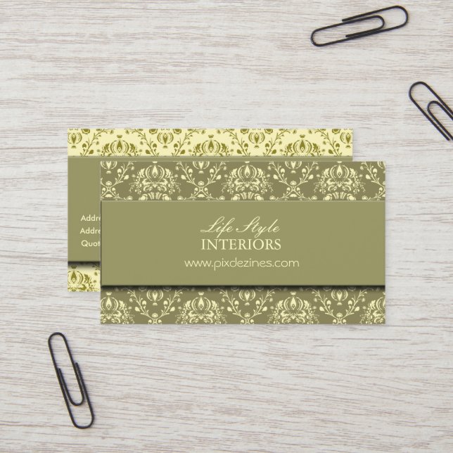 Interior Designer Business Card, Moss Damask Business Card (Front/Back In Situ)