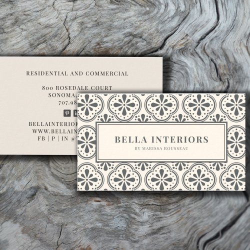 Interior Designer Charcoal Gray Cream Pattern Business Card