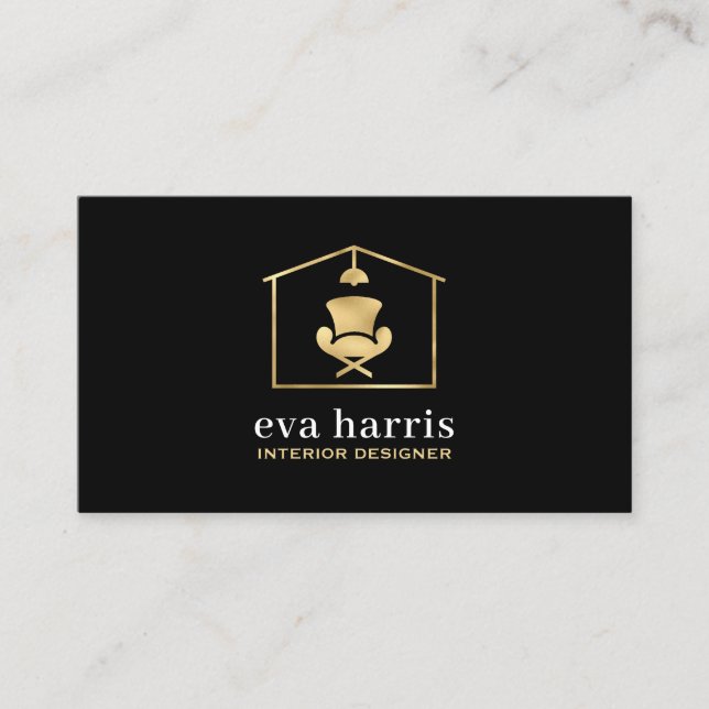Interior Designer Elegant Black & Gold  Business Card (Front)