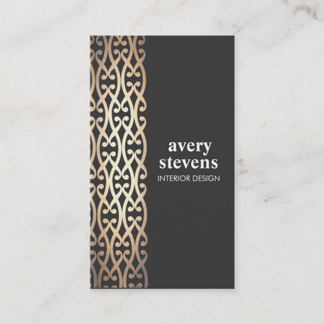 Interior Designer Elegant Gold Scrolls Black Business Card (Front)