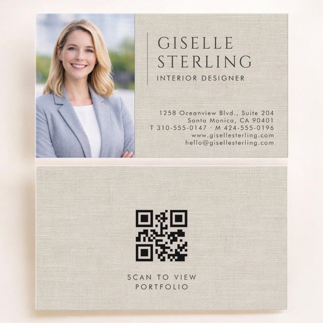 Interior Designer Linen Photo QR Code Business Card (Creator Uploaded)