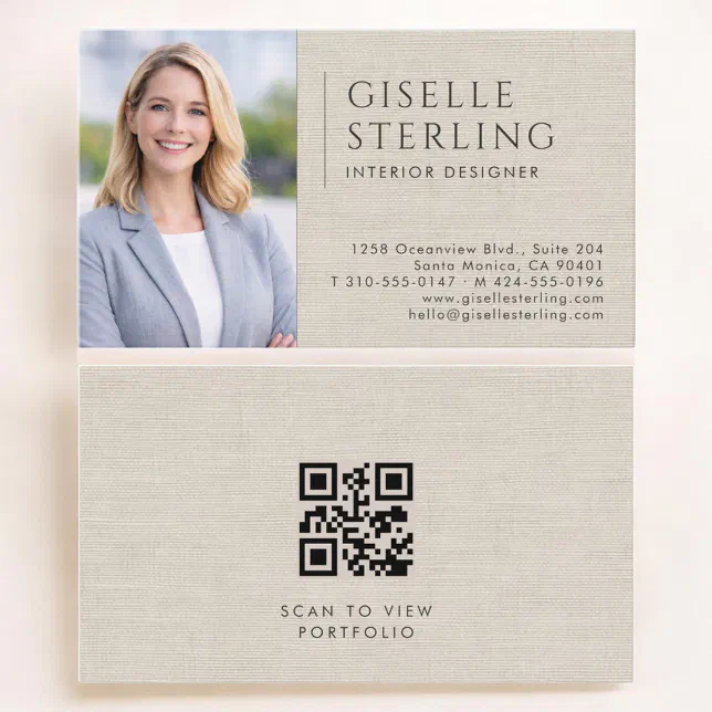 Interior Designer Linen Photo QR Code Business Card | Zazzle