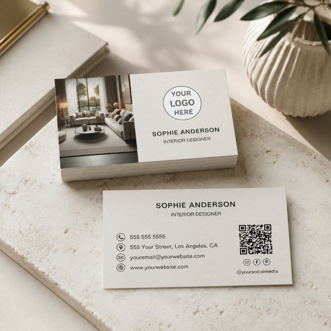 Interior Designer Logo QR Code Neutral Beige Business Card (Interior Designer Logo QR Code Neutral Beige Business Card)