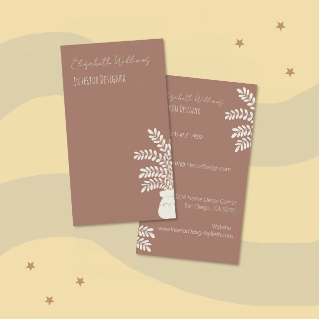 Interior Designer Mocha  Vertical Business Card (Interior designer botanical mocha brown vertical business card)