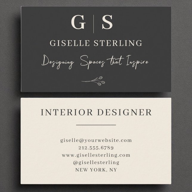 Interior Designer Monogram Elegant Black Cream Business Card (Creator Uploaded)