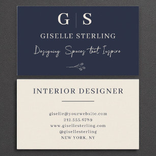 Interior Designer Monogram Elegant Navy Blue Cream Business Card